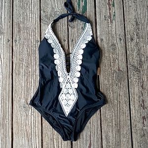 Black with white crochet medium coverage one piece